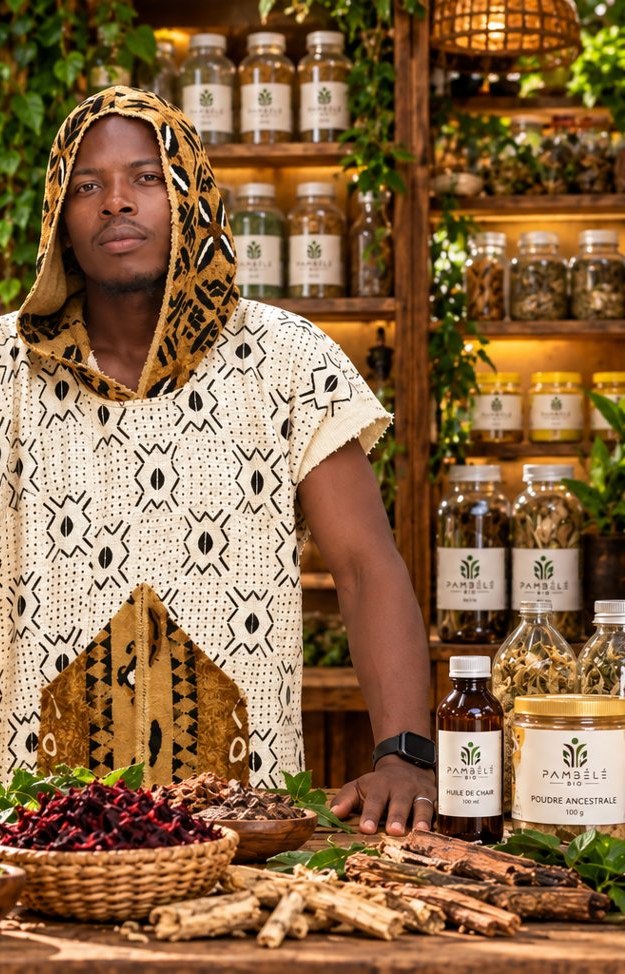 Pambélé dans sa pharmacopée, entouré de ses racines, écorces et bocaux de plantes